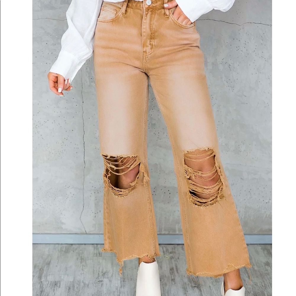 Cropped distressed khaki jeans